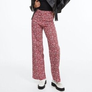 H&M Divided Red Pink Floral Boho Cottage Y2K Wide Leg High Waisted Jeans Size 4